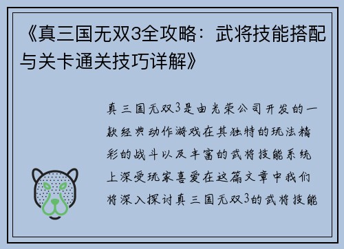 《真三国无双3全攻略：武将技能搭配与关卡通关技巧详解》